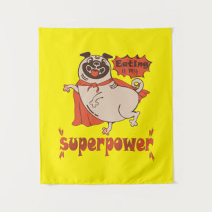 Eating is my superpower red cloak pug comic style tapestry