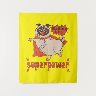 Eating is my superpower red cloak pug comic style tapestry