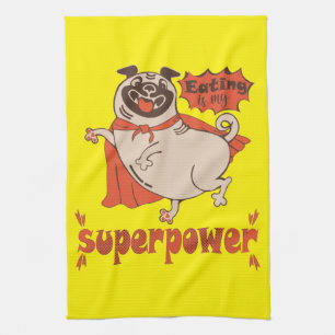 Eating is my superpower red cloak pug comic style  tea towel