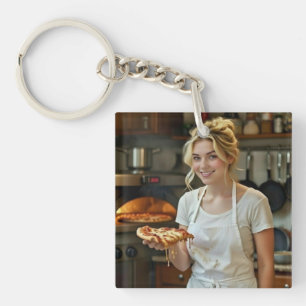 Eating Pizza Photo Personalize Customize Key Ring