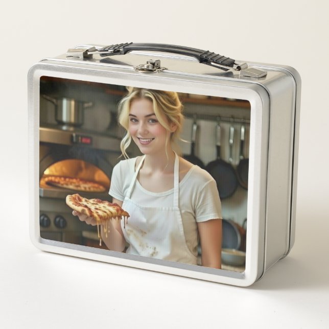 Eating Pizza Photo Personalize Customize Metal Lunch Box (Front)