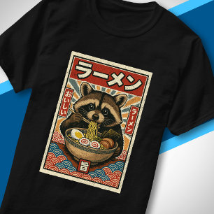 Eating Ramen Retro Japanese Style Art Cute Raccoon T-Shirt