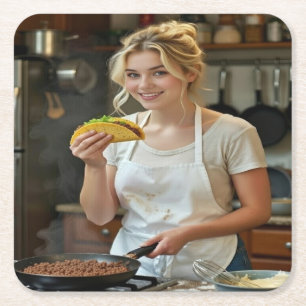Eating Tacos Photo Personalize Customize Square Paper Coaster