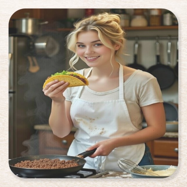 Eating Tacos Photo Personalize Customize Square Paper Coaster (Front)