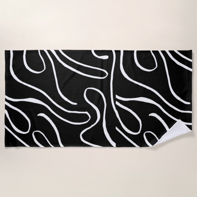 Ebb and Flow 2 - Black on White Beach Towel (Front)