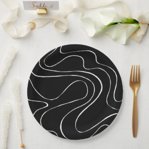 Ebb and Flow 2 - Black on White Paper Plate