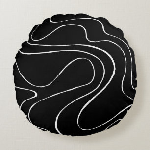 Ebb and Flow 2 - Black on White Round Cushion