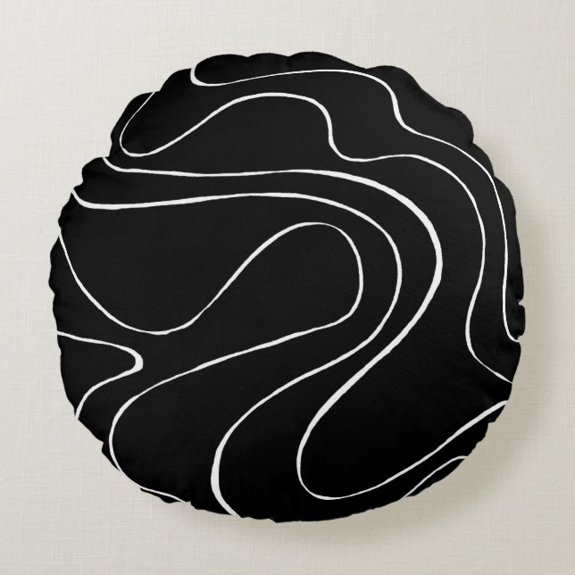 Ebb and Flow 2 - Black on White Round Cushion (Front)