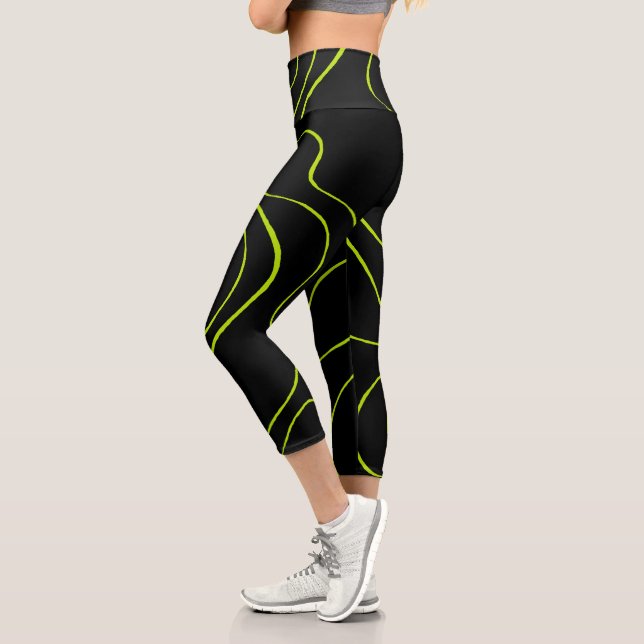 Ebb and Flow 2 in Lime Green and Black Capri Leggings (Left)
