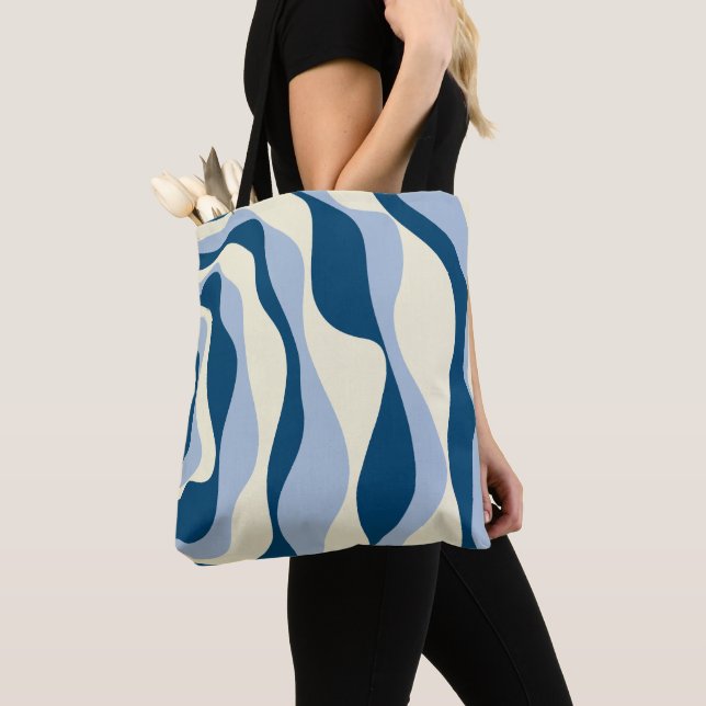 Ebb and Flow 4 - Dark Blue, Light Blue and Cream Tote Bag (Close Up)