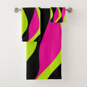Ebb and Flow 4 in Lime Green, Hot Pink and Black Bath Towel Set