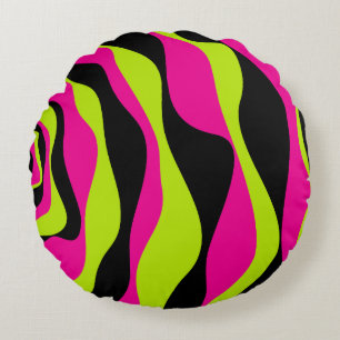 Ebb and Flow 4 in Lime Green, Hot Pink and Black Round Cushion
