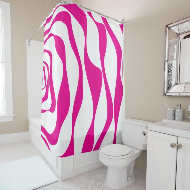 Ebb and Flow 4 in Magenta and White Shower Curtain (In Situ)