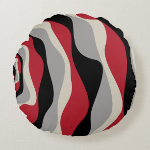 Ebb and Flow 4 - Red, Grey, Black and Bone White Round Cushion