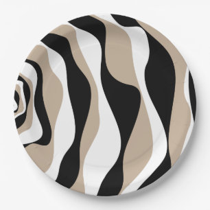 Ebb and Flow 4 - Taupe, Black and White Paper Plate