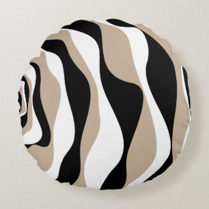 Ebb and Flow 4 - Taupe, Black and White Round Cushion
