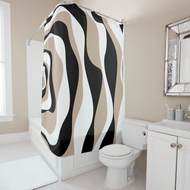 Ebb and Flow 4 - Taupe, Black and White Shower Curtain (In Situ)