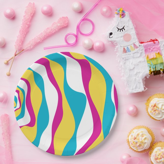 Ebb and Flow 4 - Turquoise, Yellow, Pink and White Paper Plate (Party)