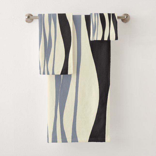 Ebb and Flow in Black, Grey and Cream  Bath Towel Set (Insitu)