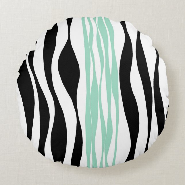 Ebb and Flow - Mint Green, White and Black Round Cushion (Front)