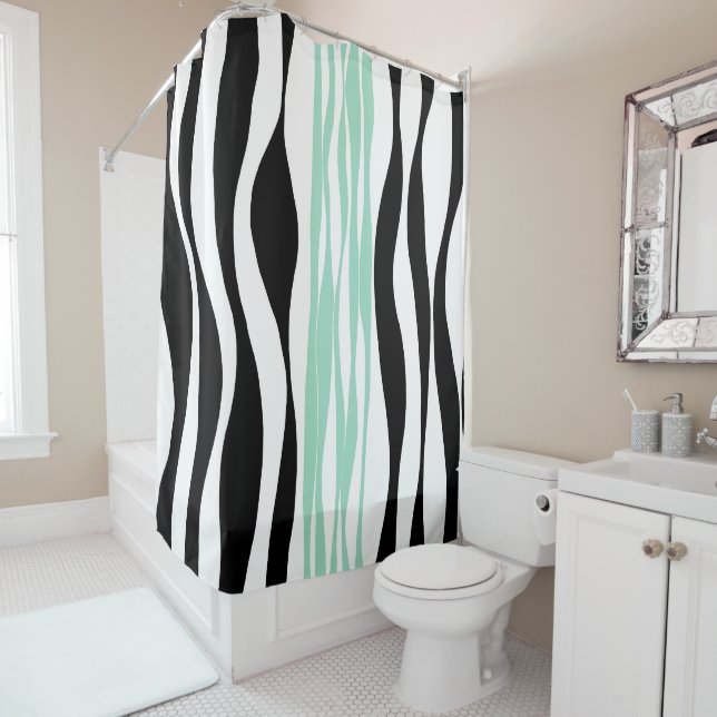 Ebb and Flow - Mint Green, White and Black Shower Curtain (In Situ)