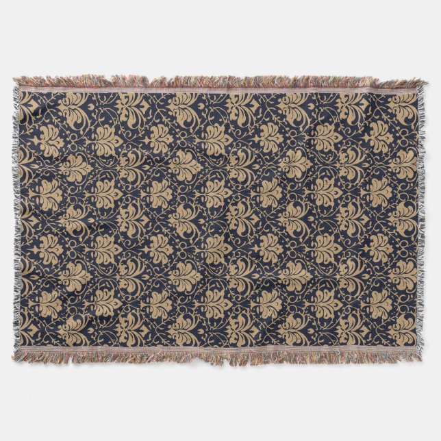 Ebony and Gold Damask Pattern Throw Blanket (Front)