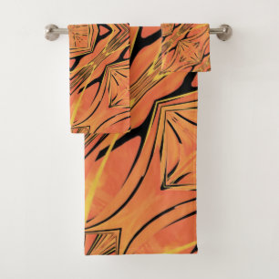 Ebony Black And Citrus Orange Pattern Bath Towels
