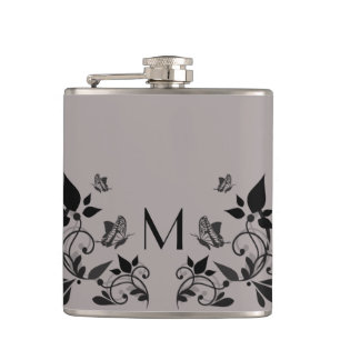 Ebony Butterfly Floral Monogram Flask