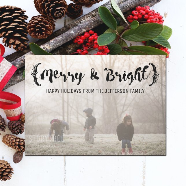 Ebony Elegant Sketched Merry & Bright Photo Holiday Card (Ebony Elegant Sketched Merry and Bright Holiday Photo Card)