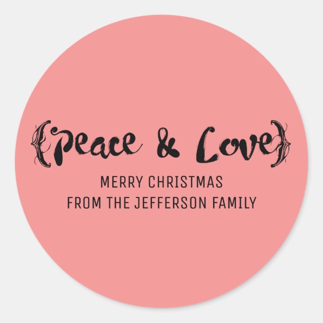 Ebony Elegant Sketched Peace & Love Holiday Classic Round Sticker (Front)