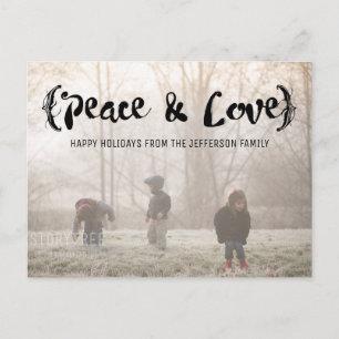 Ebony Elegant Sketched Peace & Love Holiday Photo Postcard