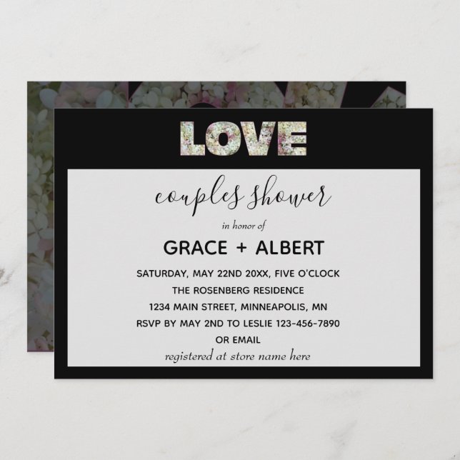 Ebony Vanilla Strawberry Hydrangeas Couples Shower Invitation (Front/Back)