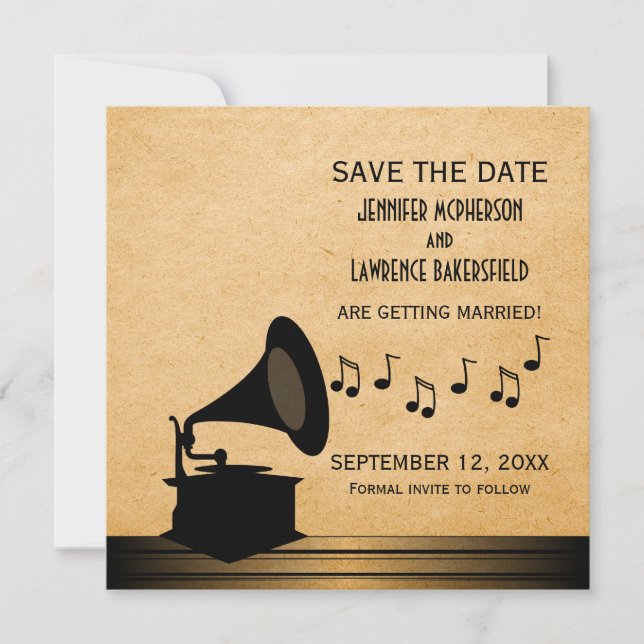 Ebony Vintage Gramophone Save the Date Invite (Front)