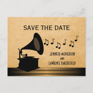 Ebony Vintage Gramophone Save the Date Postcard