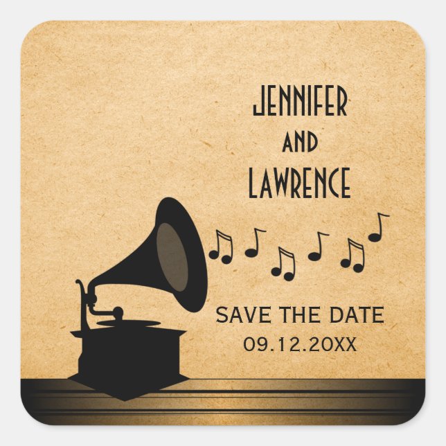Ebony Vintage Gramophone Save the Date Stickers (Front)