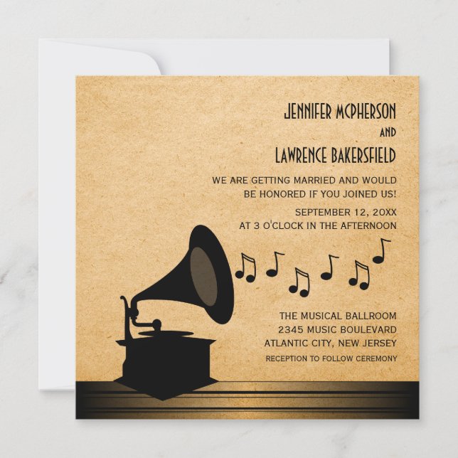 Ebony Vintage Gramophone Wedding Invite (Front)