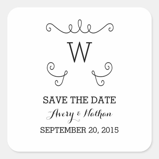 Ebony Whimsical Flourish Save the Date Stickers (Front)