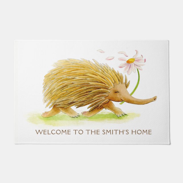 Echidna whimsy animal watercolor art custom doormat (Front)