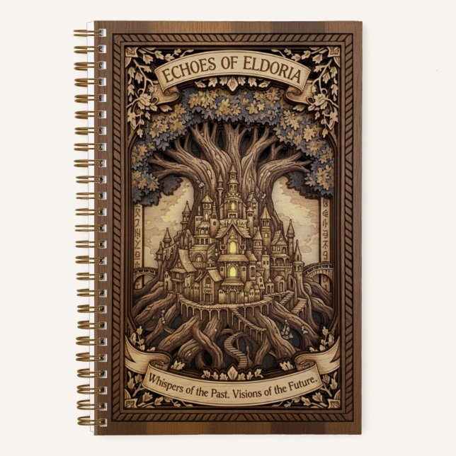 Echoes of Eldoria Ancient Tree City Wood Carved  Notebook (Front)