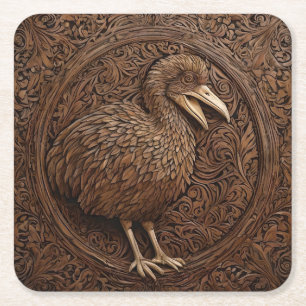 "Echoes of Extinction: Dodo Wood Art" Square Paper Coaster