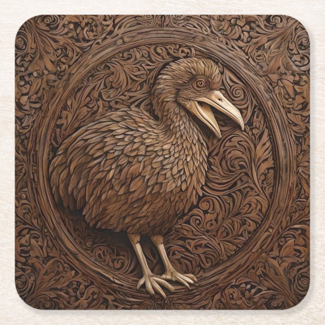 "Echoes of Extinction: Dodo Wood Art" Square Paper Coaster (Front)