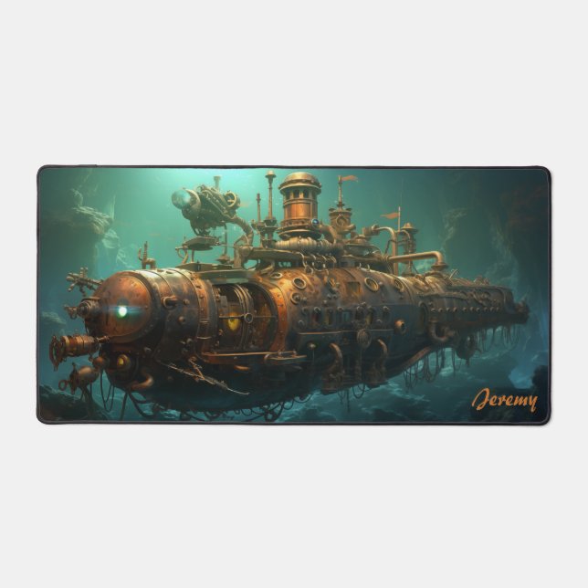 Echoes of the Deep: Steampunk Submarine Fantasy Desk Mat (Front)