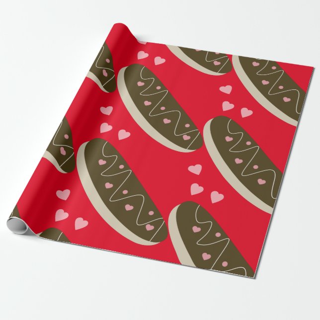  Eclair Doughnuts Valentine's Day  Hearts Red Wrapping Paper (Unrolled)