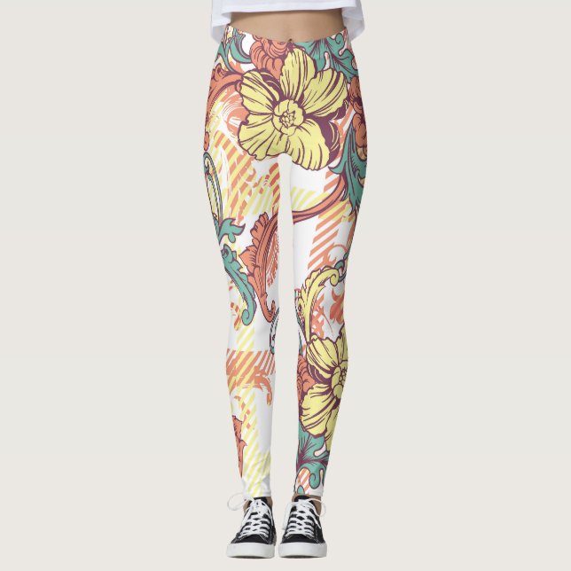 Eclectic Baroque Fabric Plaid Pattern Leggings (Front)