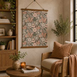 Eclectic Boho Terracotta Charcoal Botanical Floral Hanging Tapestry