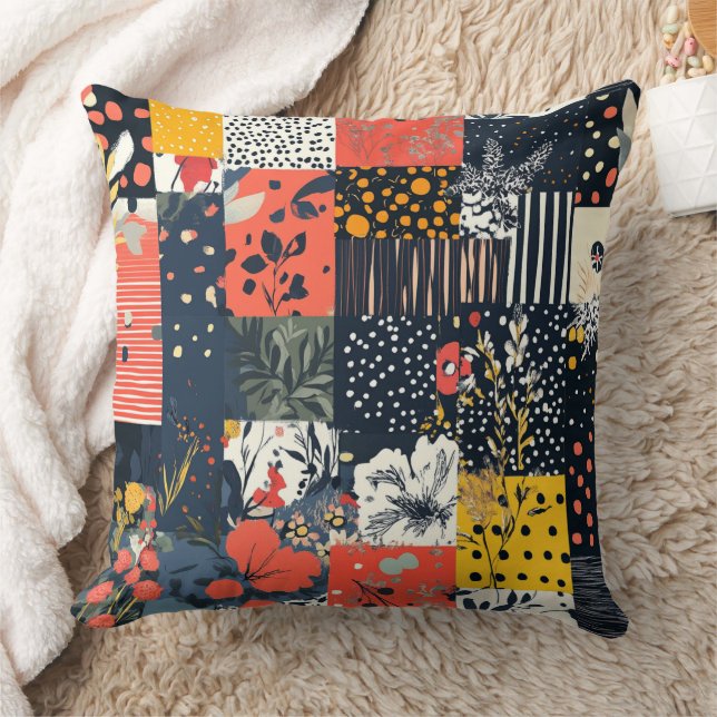 Eclectic Bold Botanical Patchwork with Polka Dots Cushion (Blanket)