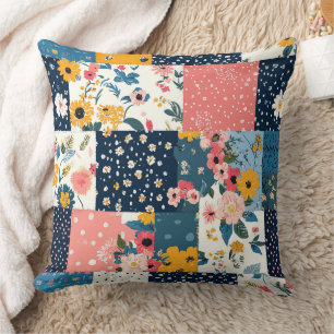 Eclectic Coral Blue Cottage Floral Patchwork Cushion