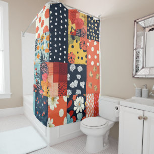 Eclectic Coral Blue Cottage Floral Patchwork Shower Curtain