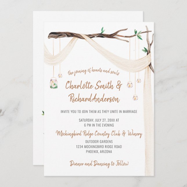 Eclectic Drape, Mason Jar Lights, Archway Wedding Invitation (Front/Back)