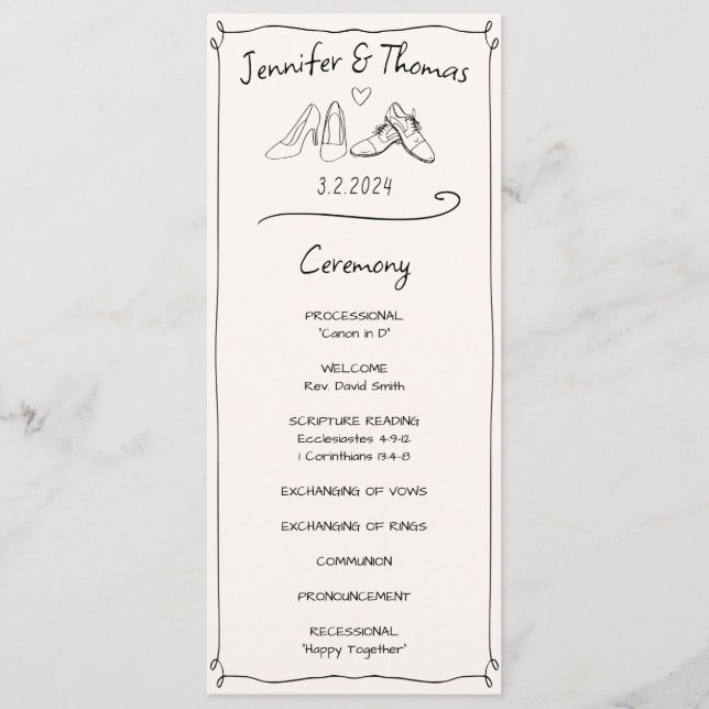 Eclectic Hand Drawn Doodle Wedding Shoes Ceremony Program (Front)